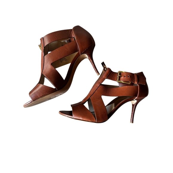 Michael by Michael Kors Womens 7.5M Anya Brown Leather Zipper Buckle Strap Heels - Picture 1 of 13